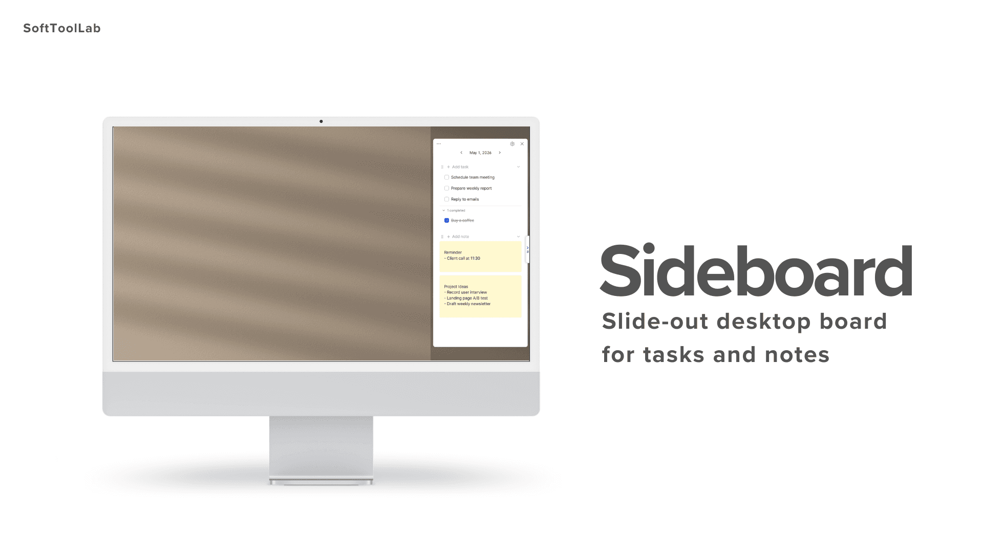 Sideboard on Windows desktop — slide-out panel for tasks and notes