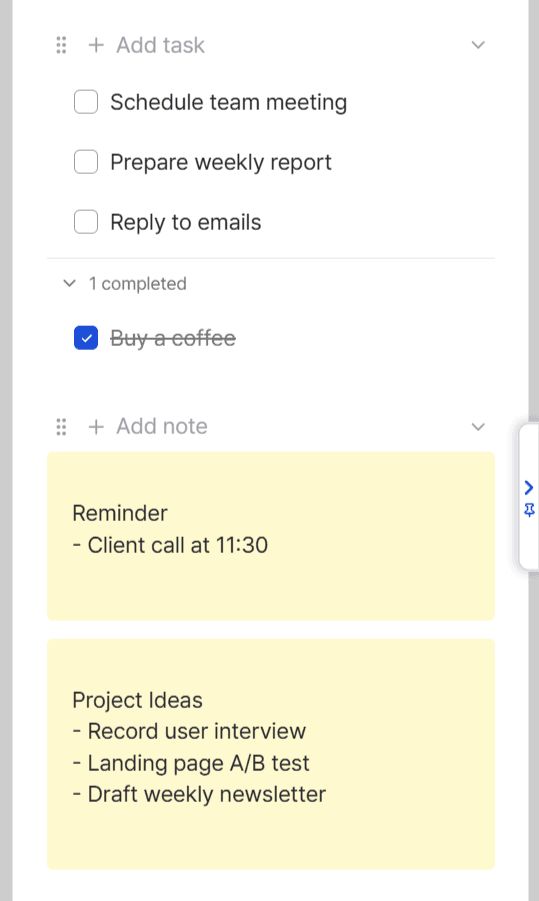 Sideboard slide-out panel showing tasks and notes